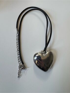 Silver Heart Pendant Necklace on Black Cord